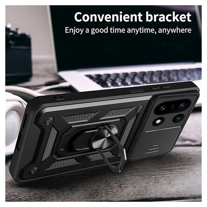 Husa Spate Upzz® Camshield Compatibila Cu OnePlus 15R, Protectie La Camere, Inel Metalic, Stand - Black