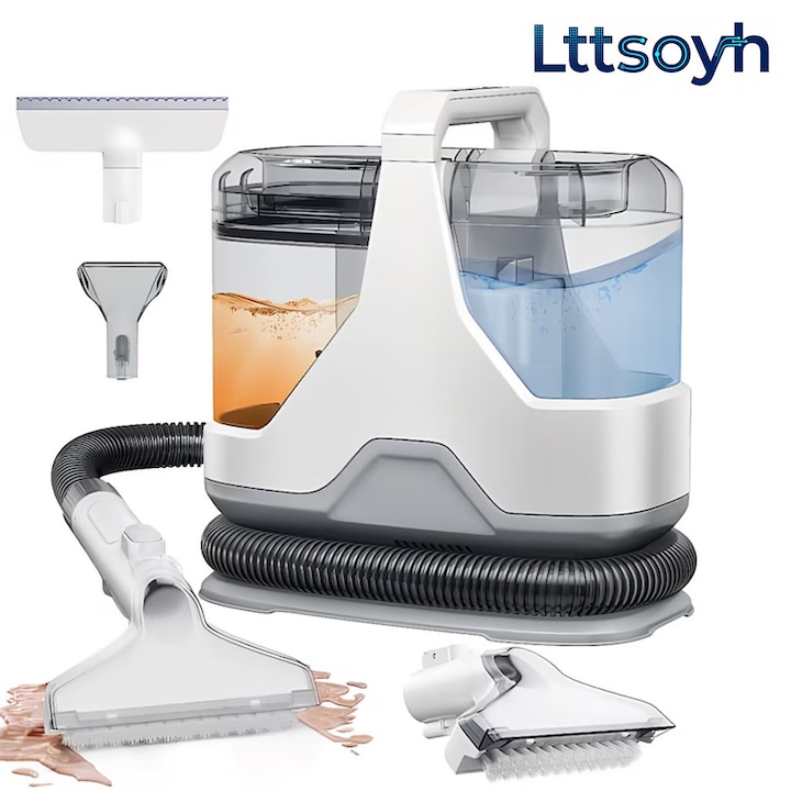 Aspirator cu spalare Lttsoyh®, 600W,1.3l colectare,15KPa aspiratie uragan, uscare rapida, sistem dual-tank, actiune tripla (spray + perie + aspiratie), 3 capete, sigur pentru toate tesaturile, ideal auto & casa, compact