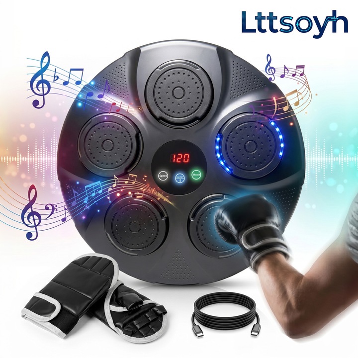 Tinta de box muzicala Lttsoyh®, cu LED, Bluetooth, difuzor 3W, 9 moduri, 9 viteze, montare pe perete, baterie 1200 mAh, autonomie pana la 10 h, cu manusi, pad adeziv, banda cu scai si cablu Type-C, negru