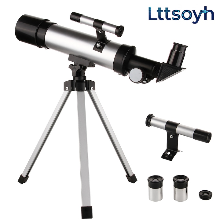 Telescop astronomic Refractor Lttsoyh®, apertura 50 mm, distanta focala 360 mm, marire maxima 90x, oculare H20/H6, lentila 1.5x, montura azimutala 360°, trepied aluminiu, pentru 8+ si incepatori,argintiu/negru