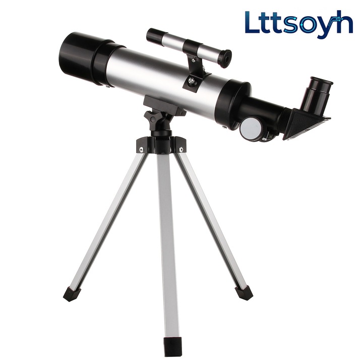 Telescop astronomic Refractor Lttsoyh®, apertura 50 mm, distanta focala 360 mm, marire maxima 90x, oculare H20/H6, lentila 1.5x, montura azimutala 360°, trepied aluminiu, pentru 8+ si incepatori，argintiu/negru