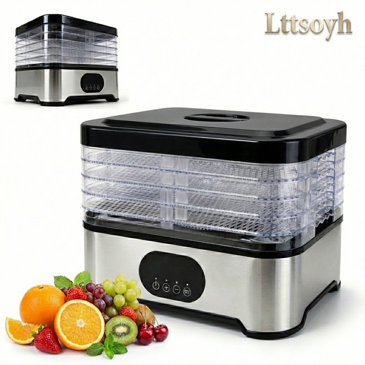 Lttsoyh® Deshidrator de Alimente 10L cu 5 Tavi, Temperatura Reglabila 42–70°C (3 trepte), Timer 1–72h, Tavi Transparente, Control Simplu, 400W, 31.5x25x22 cm, 2.1 kg