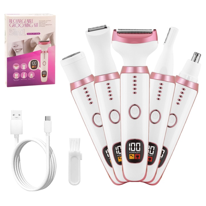 Epilator electric 5-in-1, alb, 5 capete interschimbabile, rezistent la apă, utilizare uscată, dimensiuni mici