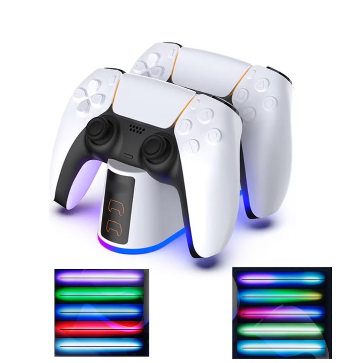 Stație încărcare controller PS5, QT, 7 efecte de iluminare, alb