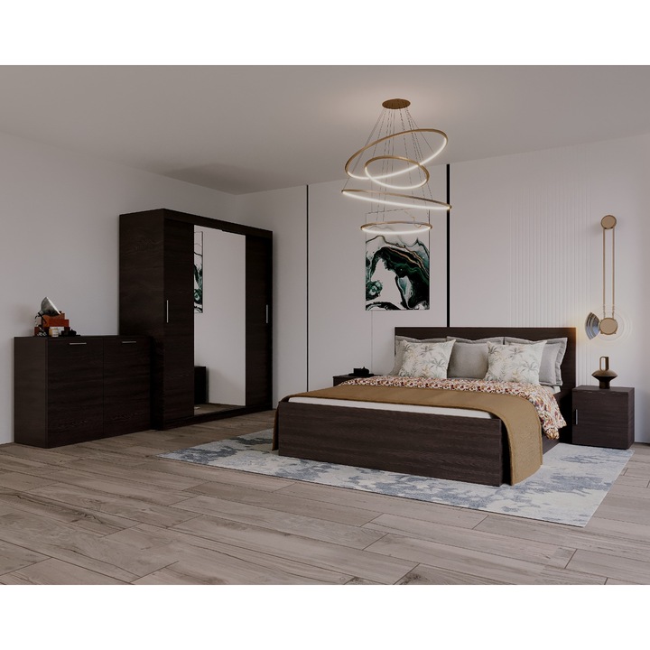 Set Dormitor Elis cu oglinda, 160x200cm, Wenge, Pal 18 mm