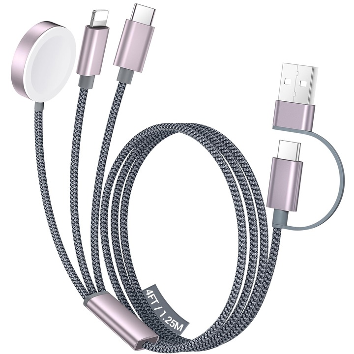Cablu USB-C 3 in 1 pentru Apple Watch & iPhone, Incarcare Rapida Compatibil iWatch Series 10-1 & iPhone 17-12, Lungime 1.2m 4ft, Include Adaptor Priza, Ideal Calatorii