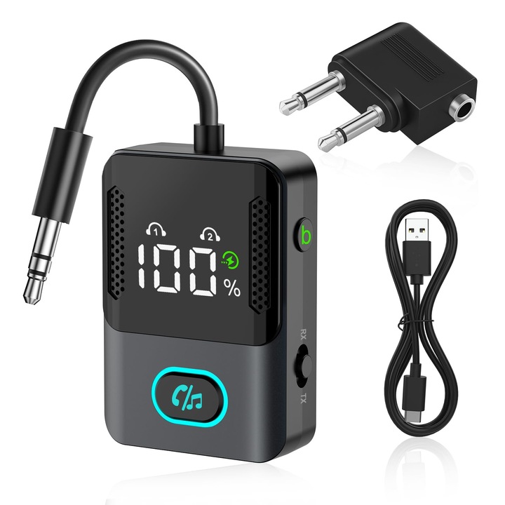 Adaptor Bluetooth 5.3 2 in 1 Emisor & Receptor, cu Ecran LED, Conectare Dubla Casti AirPods, Jack 3.5mm AUX, Avion TV PC Auto Boxe