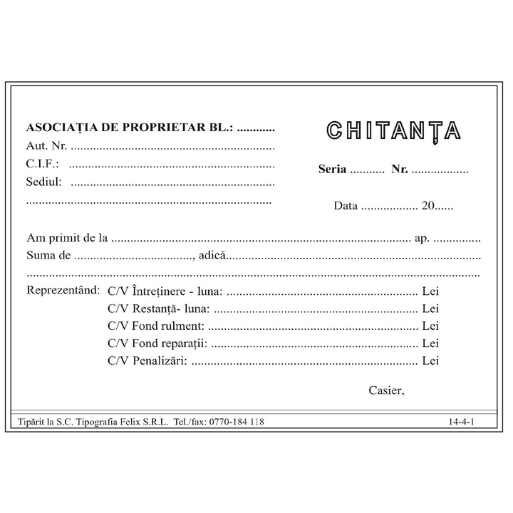 Chitantier autocopiativ pentru asociatii de proprietari, 2 exemplare, format A6, 100 file