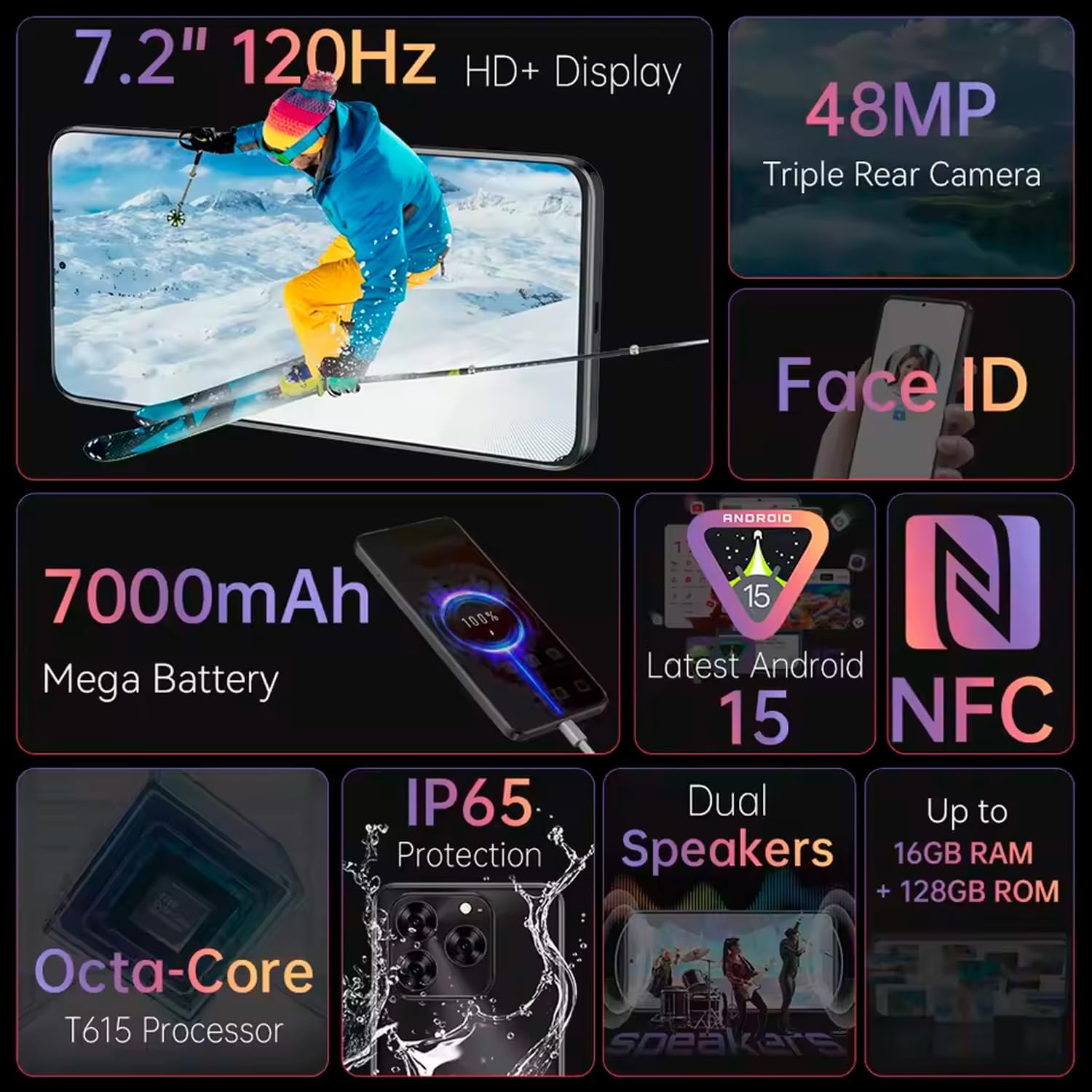 Telefon mobil CUBOT Note60, Android 15 16GB RAM + 128GB ROM, camera 48MP, display 7,2'', baterie 7000mAh, Dual SIM 4G, impermeabil IP68/IP69K, Gri