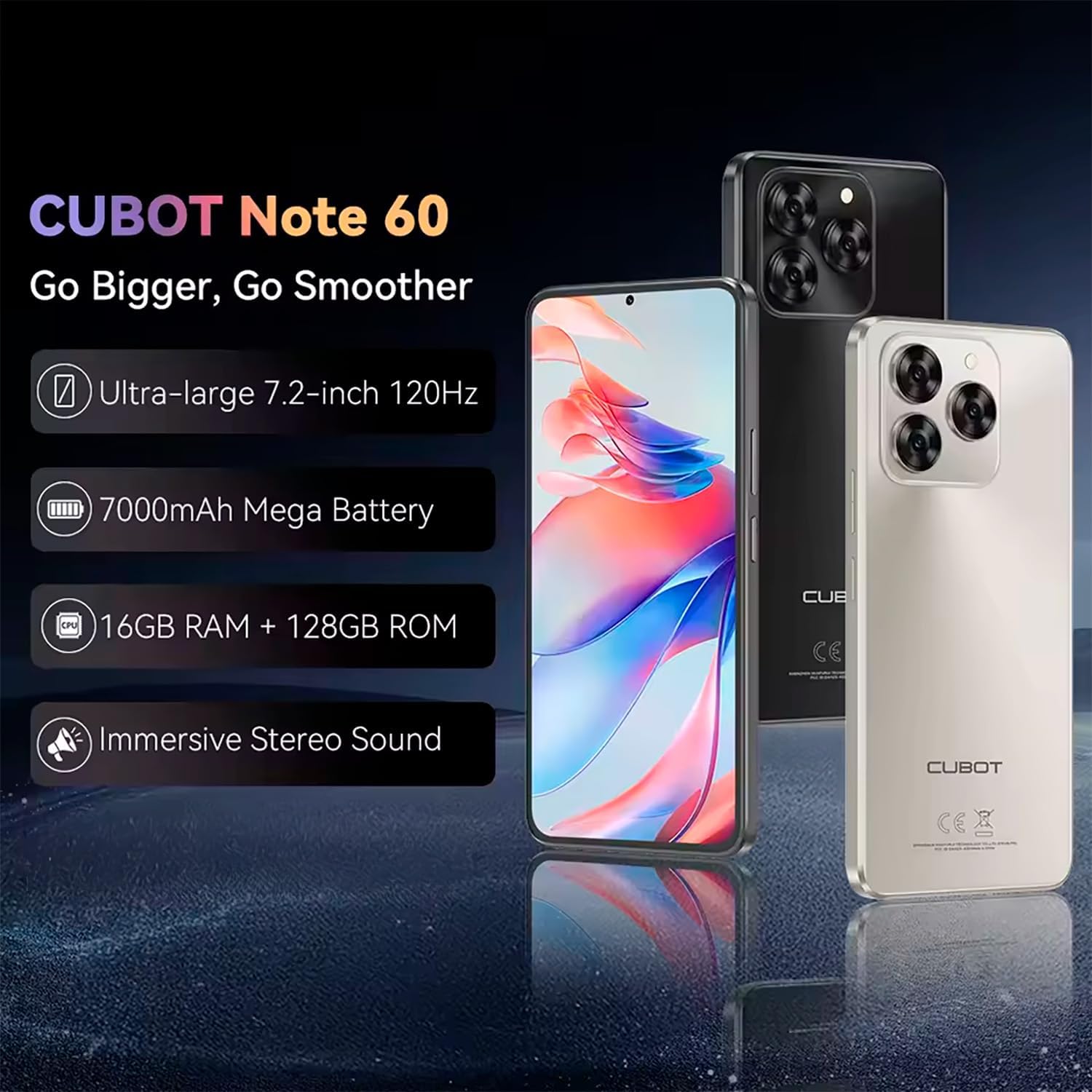 Telefon mobil CUBOT Note60, Android 15 16GB RAM + 128GB ROM, camera 48MP, display 7,2'', baterie 7000mAh, Dual SIM 4G, impermeabil IP68/IP69K, Gri