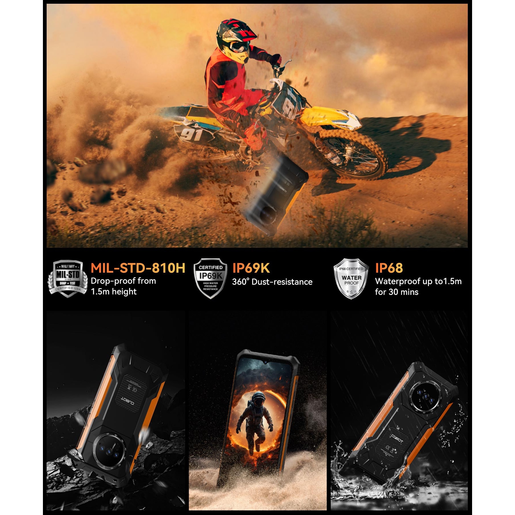 Telefon mobil CUBOT Kingkong ES, Android 14 16GB RAM + 128GB ROM, camera 48MP, display 6,56'', baterie 5100mAh, Dual SIM 4G, impermeabil IP68/IP69K, Portocalie