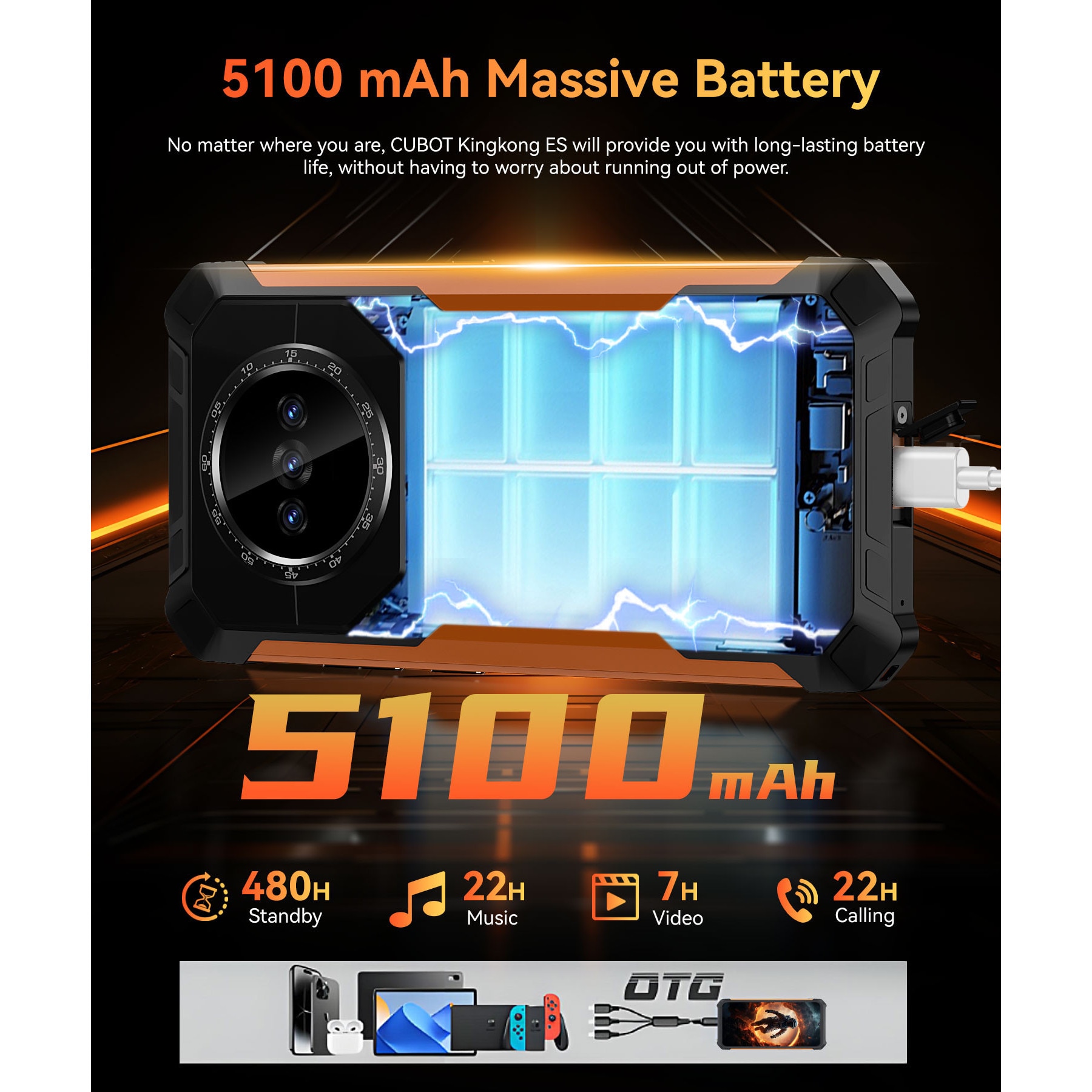 Telefon mobil CUBOT Kingkong ES, Android 14 16GB RAM + 128GB ROM, camera 48MP, display 6,56'', baterie 5100mAh, Dual SIM 4G, impermeabil IP68/IP69K, Portocalie