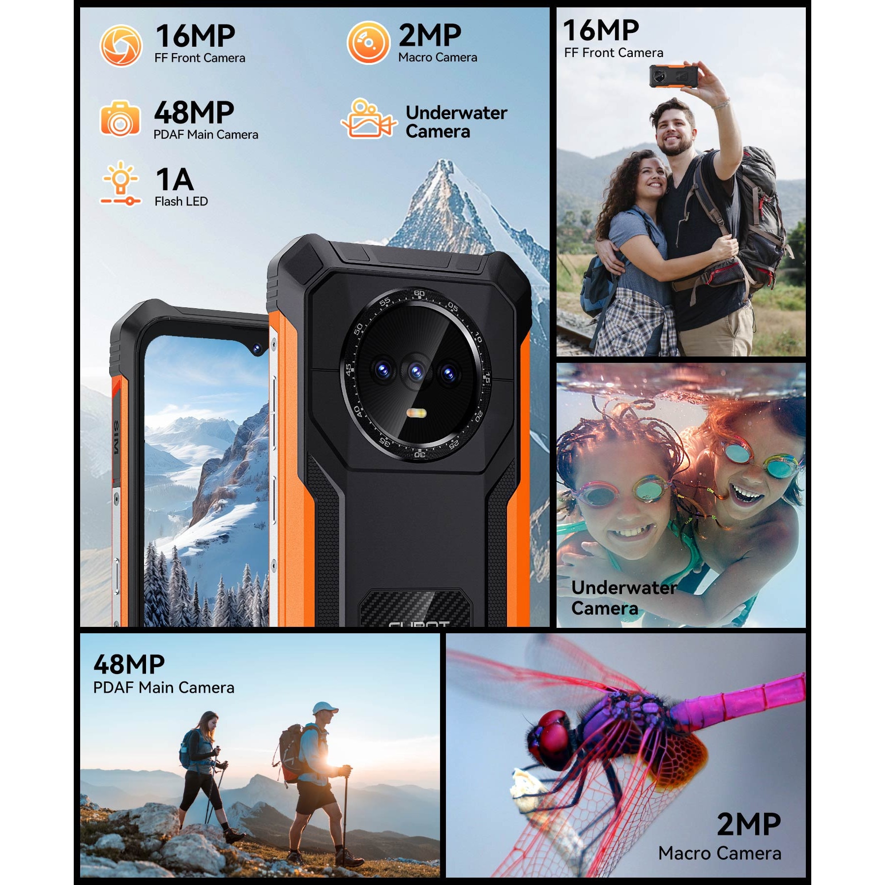 Telefon mobil CUBOT Kingkong ES, Android 14 16GB RAM + 128GB ROM, camera 48MP, display 6,56'', baterie 5100mAh, Dual SIM 4G, impermeabil IP68/IP69K, Portocalie
