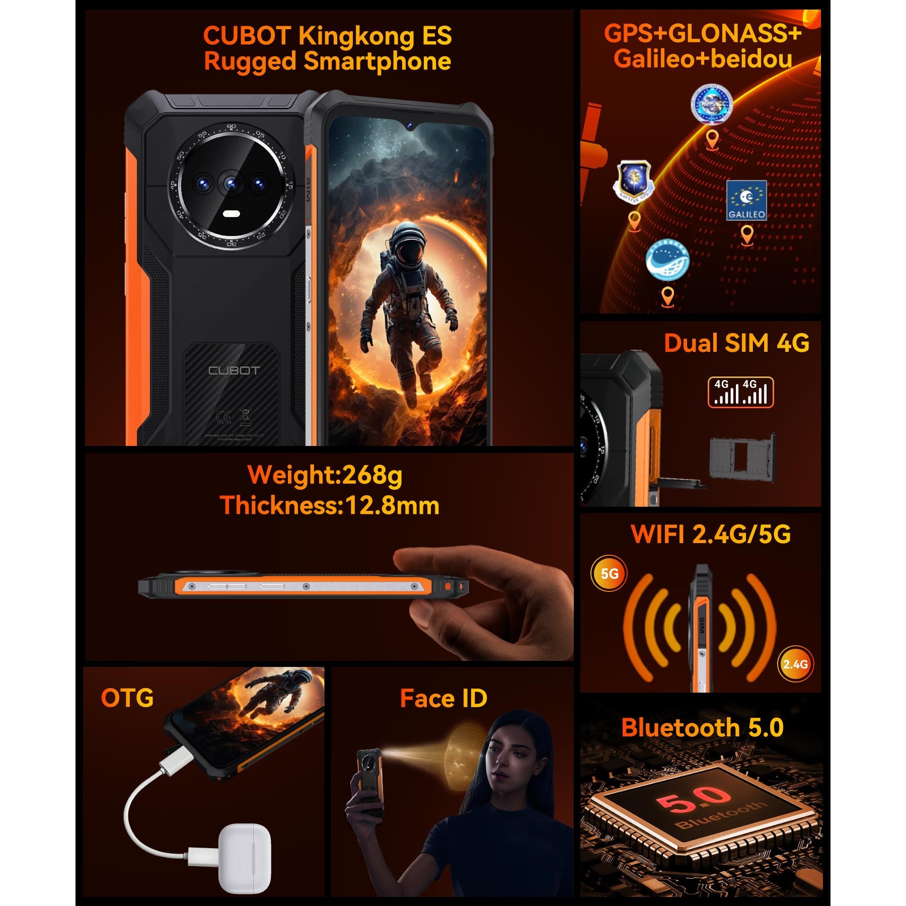 Telefon mobil CUBOT Kingkong ES, Android 14 16GB RAM + 128GB ROM, camera 48MP, display 6,56'', baterie 5100mAh, Dual SIM 4G, impermeabil IP68/IP69K, Portocalie