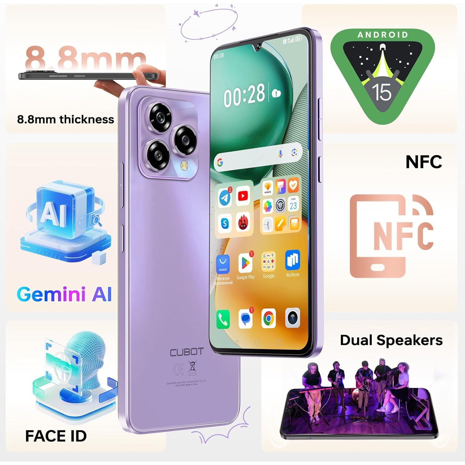 Telefon mobil CUBOT A40, Android 15 12GB RAM + 256GB ROM, camera 48MP, display 6,88'', baterie 5100mAh, Dual SIM 4G, impermeabil IP68/IP69K, Negru