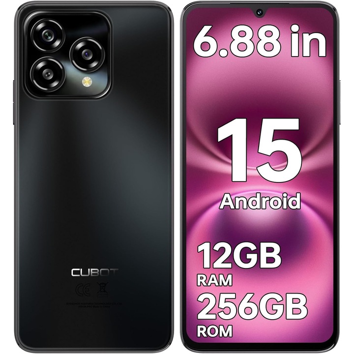 Telefon mobil CUBOT A40, Android 15 12GB RAM + 256GB ROM, camera 48MP, display 6,88'', baterie 5100mAh, Dual SIM 4G, impermeabil IP68/IP69K, Negru