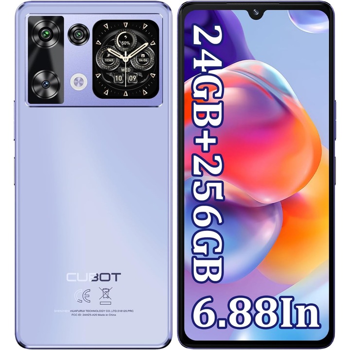 CUBOT P90 Mobiltelefon, Android 15 24GB RAM + 256GB ROM, 64MP kamera, 6,88'' kijelző, 5100mAh akkumulátor, Dual SIM 4G, IP68/IP69K vízálló, Lila