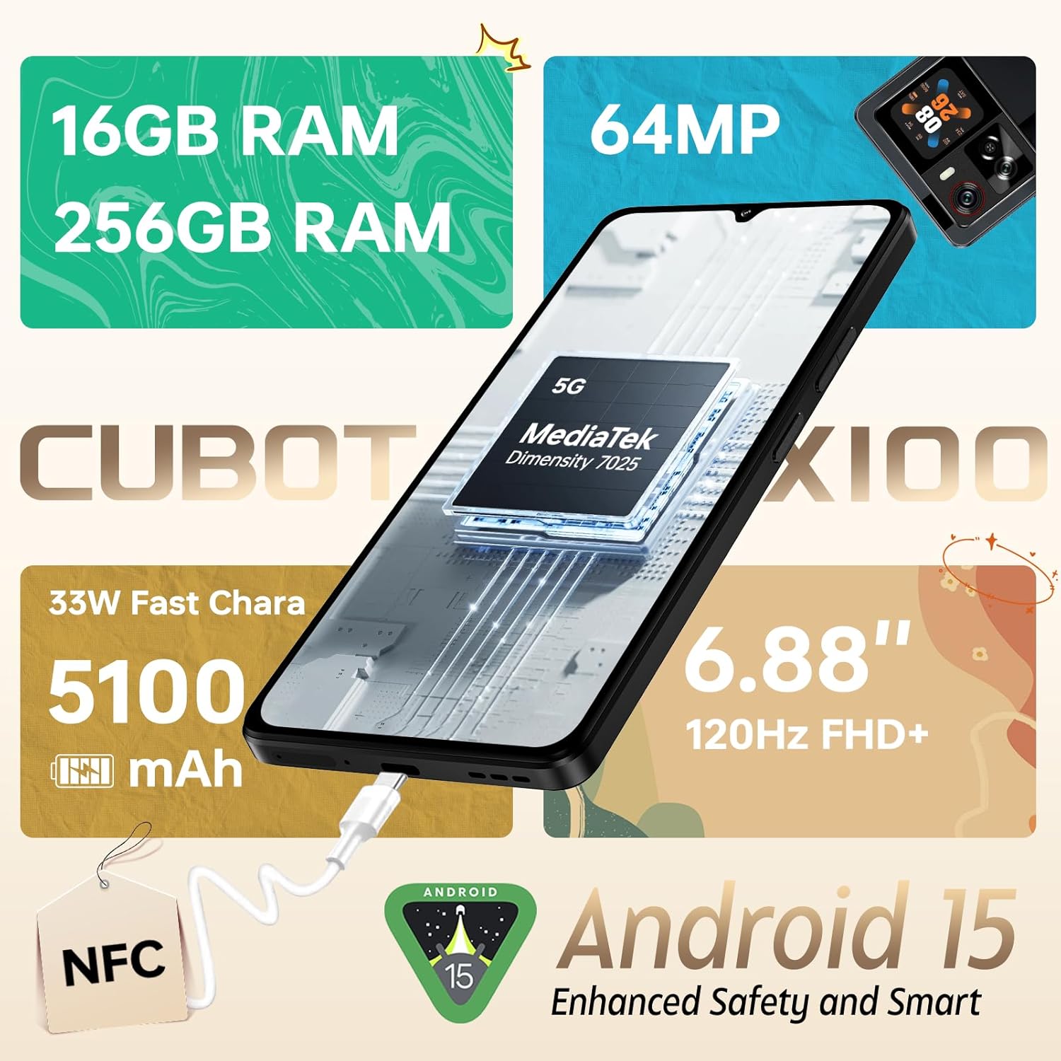 Telefon mobil CUBOT X100, Android 15 16GB RAM + 256GB ROM, camera 64MP, display 6,88'', baterie 5100mAh, Dual SIM 5G, impermeabil IP68/IP69K, Negru