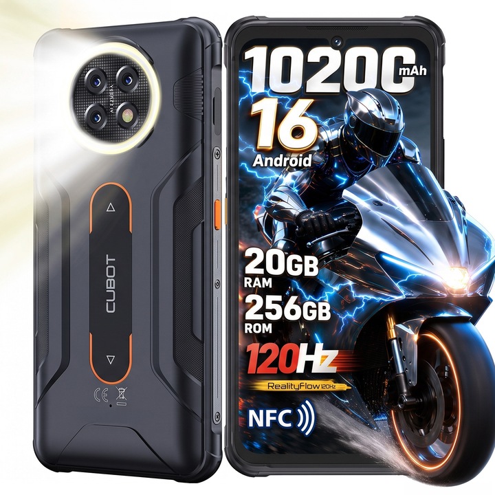 Telefon mobil CUBOT Kingkong ACE 5, Android 16,20GB RAM + 256GB ROM+1 TF,48MP+16MP+2MP,6,75''HD+120HZ,10200mAh, Unisoc T620 Octa core, Dual SIM 4G, Identificare faciala, NFC, OTG, impermeabil IP68/IP69K, Lanterna LED incorporata in forma de inel, Negru