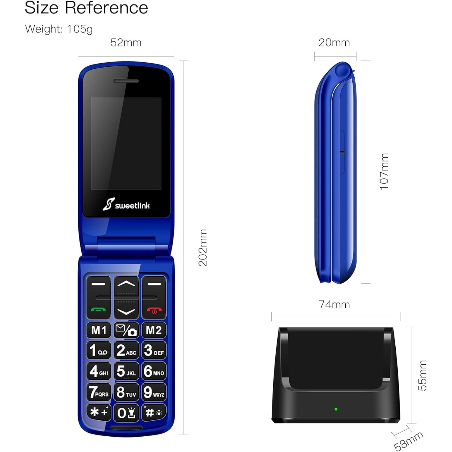 SweetLink F2 Plus Telefon mobil pentru seniori, taste mari, meniu in limba Romana, buton SOS, dual SIM, Pentru Varstnici, Bluetooth, lanterna, radio, Stand incarcare, Albastru