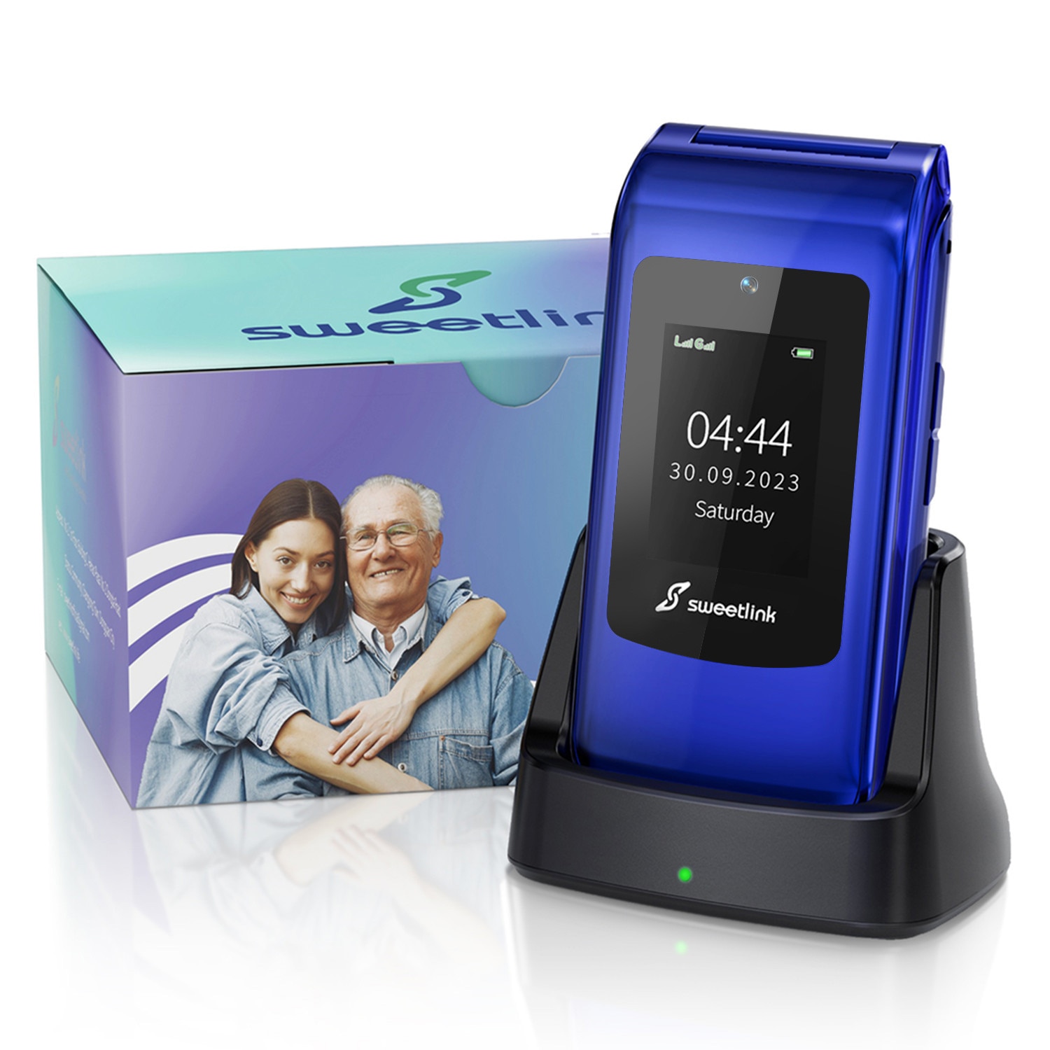 SweetLink F2 Plus Telefon mobil pentru seniori, taste mari, meniu in limba Romana, buton SOS, dual SIM, Pentru Varstnici, Bluetooth, lanterna, radio, Stand incarcare, Albastru