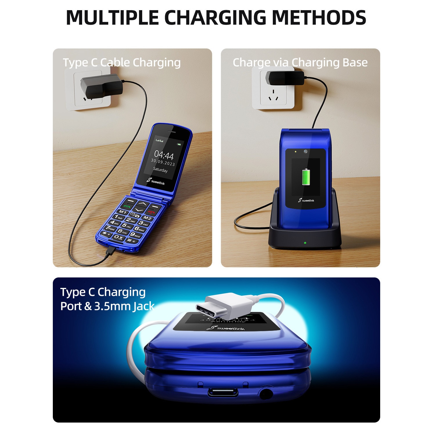 SweetLink F2 Plus Telefon mobil pentru seniori, taste mari, meniu in limba Romana, buton SOS, dual SIM, Pentru Varstnici, Bluetooth, lanterna, radio, Stand incarcare, Albastru