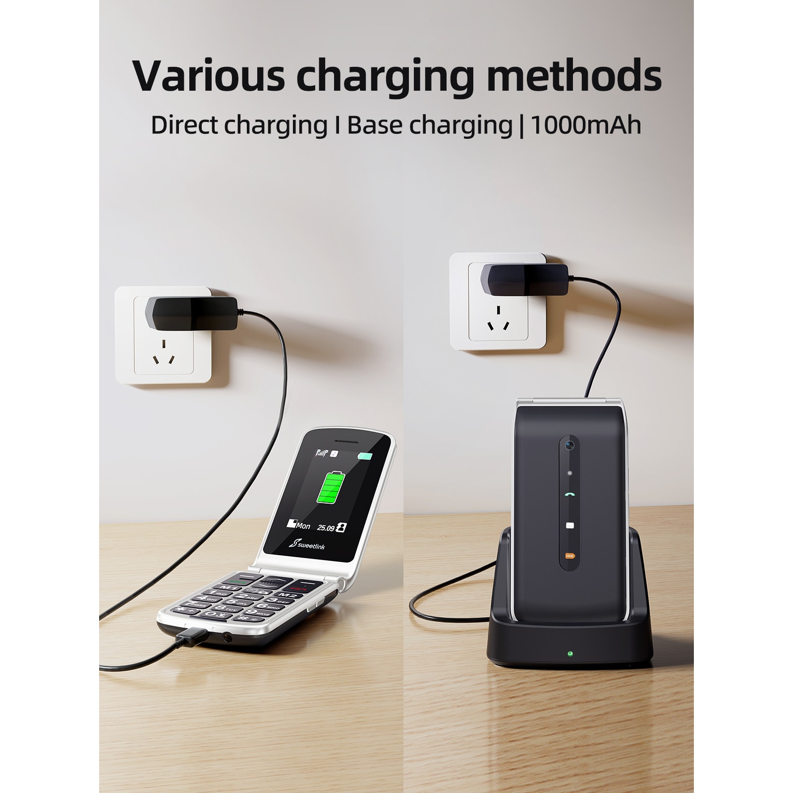 SweetLink F1 Plus Telefon mobil pentru seniori, taste mari, meniu in limba Romana, dual SIM, buton SOS, Pentru Varstnici, Bluetooth, lanterna, radio, Stand Incarcare, negru