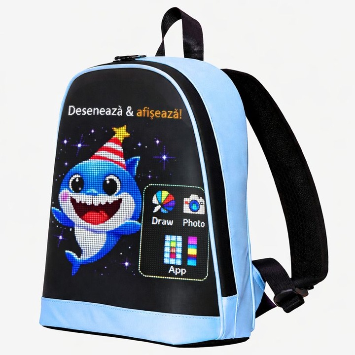 Ghiozdan Smart/Inteligent pentru copii PixOut T7 cu ecran LED, conexiune prin Bluetooh la aplicatia mobila, Personalizare Text, Imagini, Imagini de tip GIF, Rezistent la Spalat, Albastru