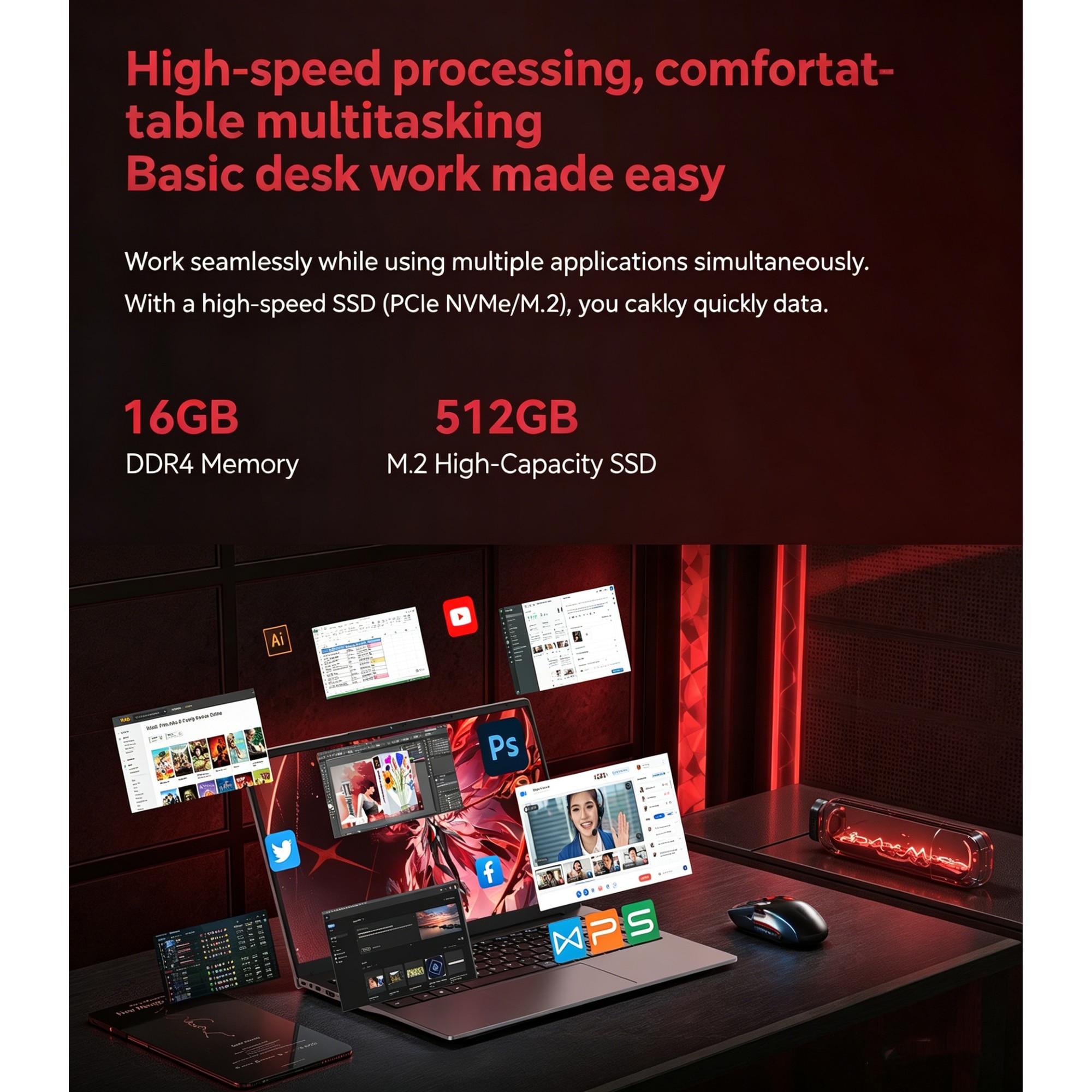 Laptop Gaming Intel i5-12600H pana la 4.50 GHz, 15.6'', Full HD, 16GB DDR4 512GB NVMe SSD, Windows 11 Pro, BT5.2, WiFi 6, Type-C, Camera web, HDMI