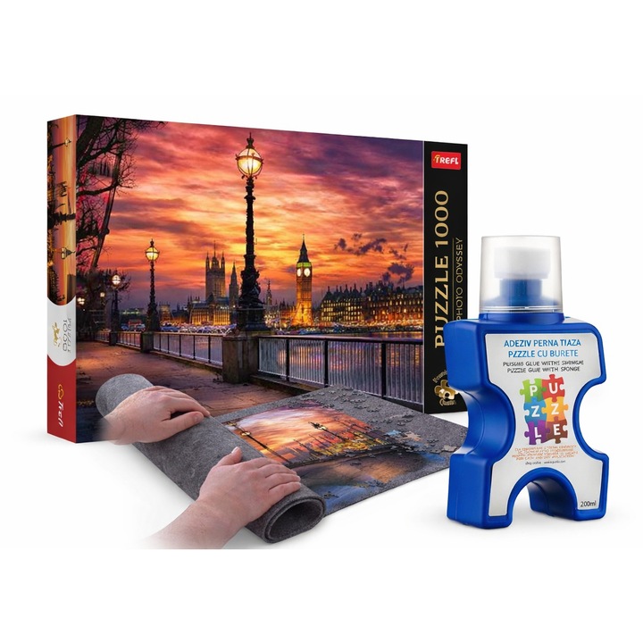 Set Puzzle Trefl Londra Apus de Soare 1000 Piese – Big Ben si Tamisa + Covor Rulabil Puzzle + Adeziv Puzzle, Set Complet
