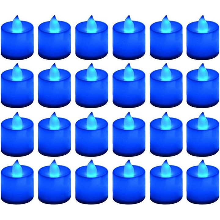 Set 24 lumanari LED, AYSTOAYS®, cu baterie, Simulare flacara, Ceara fara fu, Pentru a decora seminee, mese, baruri, decor de nunta, 4x3.6x3.6 cm, Albastru