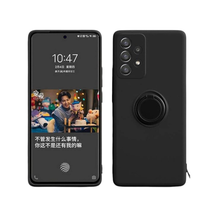 Husa Silicone Ring, pentru Samsung Galaxy A72 5G, inel rotativ, stand si grip, microfibra, Negru