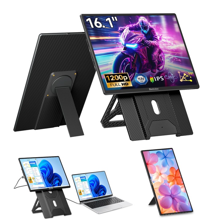 Monitor portabil LED IPS Blackview Table9 Travel 16", Full HD (1920x1200), luminozitate 300 niti, 60Hz, Mini HDMI, 2 × USB - C, difuzor cu o singura cutie, compatibil cu consola, suport rotativ 360° Mag-Spin, negru