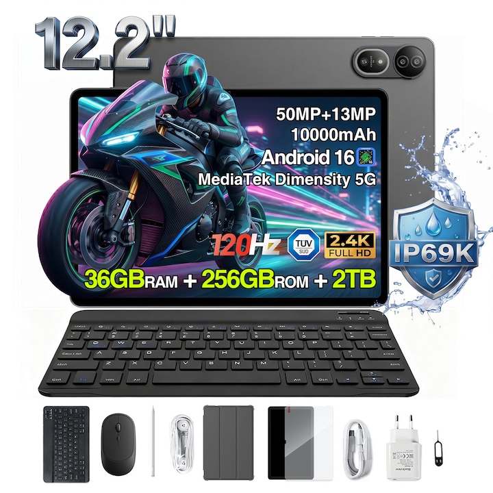 Tableta Blackview MEGA 12,12.2inch QFHD+ IPS,120Hz,5G Ai Android 16,36GB+256GB(TF 2TB),10000mAh,50MP, Cu tastatura, Dual SIMS, BT 5.3/IP69K,4 × Box Speakers, negru