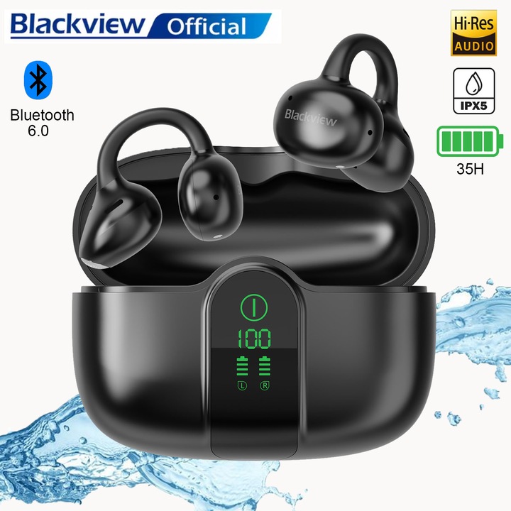 Casti wireless bluetooth Blackview AirBuds 15 cu anulare activa zgomot ENC, Fara fir, in-ear, Casti Bluetooth 6.0, Noise Cancelling, Earbuds, Handsfree, Sport Alergare, Durata de viata a bateriei de 35 de ore, IPX5, Universal, Negru