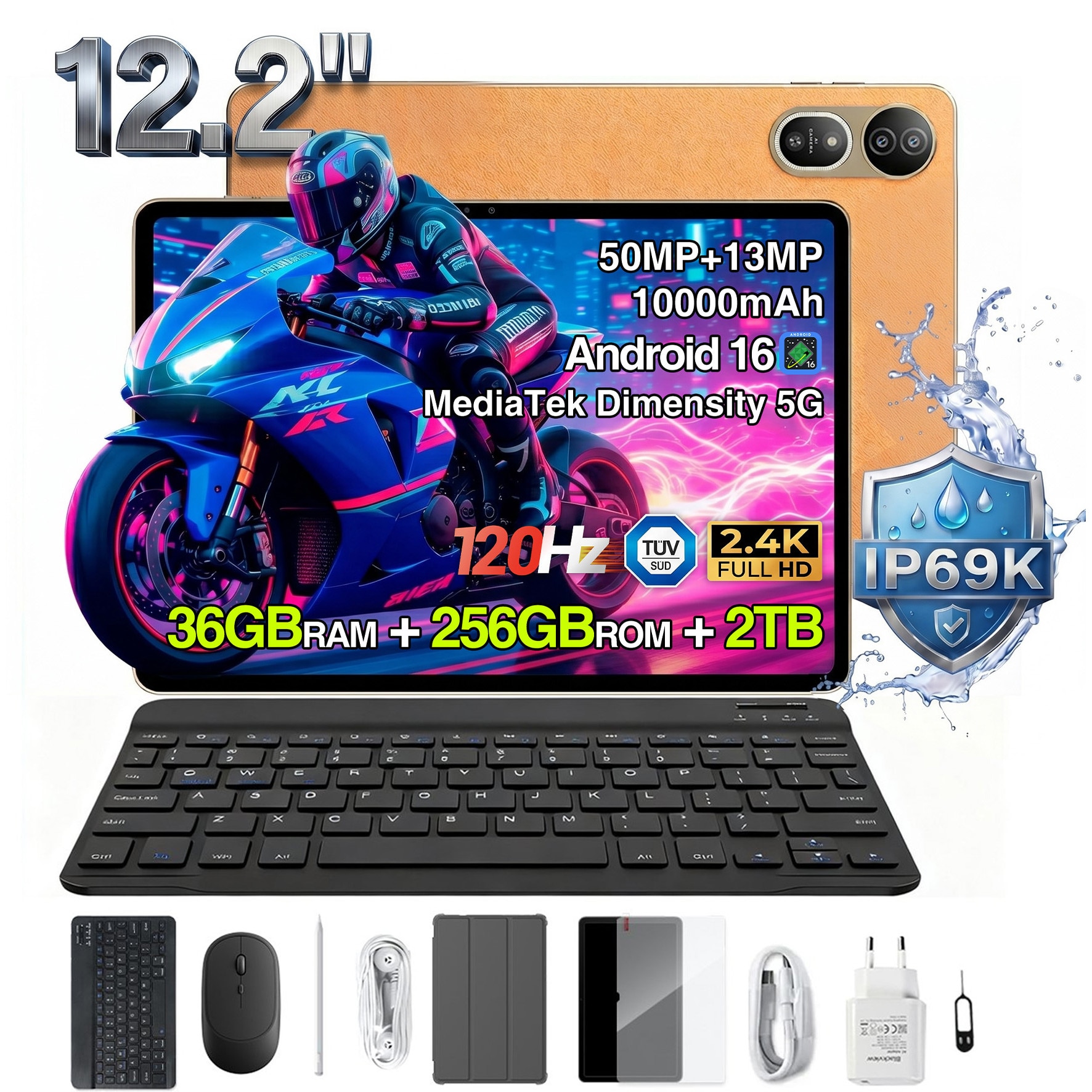 Tableta Blackview MEGA 12,12.2inch QFHD+ IPS,120Hz,5G Ai Android 16,24GB+256GB(TF 2TB), 10000mAh,50MP, Cu tastatura, Dual SIMS, BT 5.3/IP69K,4 × Box Speakers, portocale