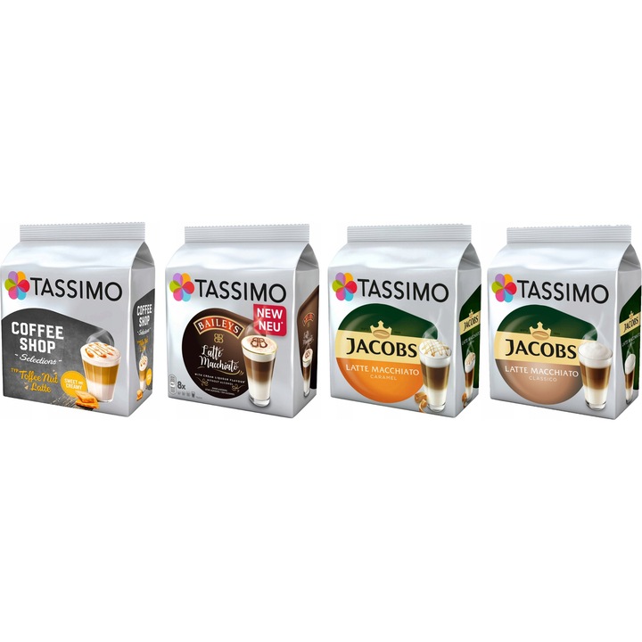 Комплект капсули за кафе Jacobs Tassimo Latte Crema, 32 бр., включително Latte Macchiato Classico, Latte Macchiato Caramel, Baileys Latte Macchiato, Toffee Nut Latte