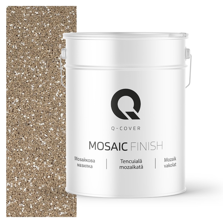 Tencuiala mozaicata, Q-Cover, Bej M65, acoperire excelenta, putere mare de acoperire, rezistenta buna la intemperii, aplicare si intretinere usoara, pe baza de rasina acrilica pura, 12,5KG
