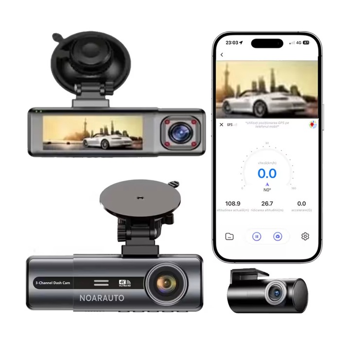 Cameră auto tripla 4K, Noar Auto, monitorizare față 4K, interior 1080p, spate 1080p, prindere ventuză
