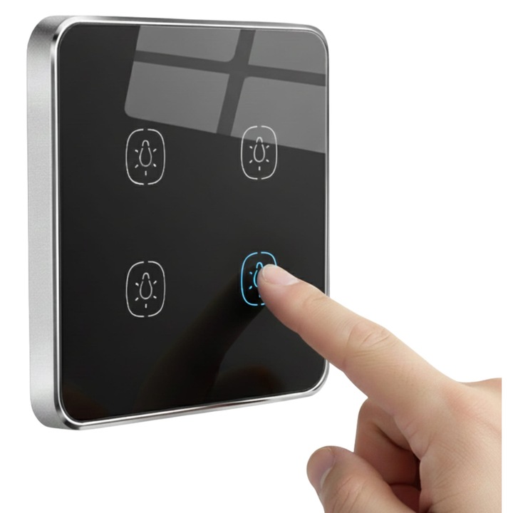 Auraliv® Intelligens WiFi Kapcsoló, Fekete, Érintőképernyős Üvegpanellel, 1/2/3/4 Modul, Alkalmazás és Hangvezérlés, Kompatibilis az Alexával, Google Home-mal és Sirivel