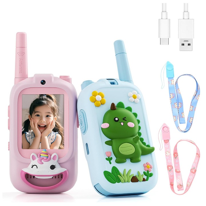 Уоки Токи видео за деца, ZYNORO®, Комплект от 2 станции с видео функция, 2.0 инчов екран, променящ гласа, акумулаторна батерия, подарък за деца 3-12 години, зелен