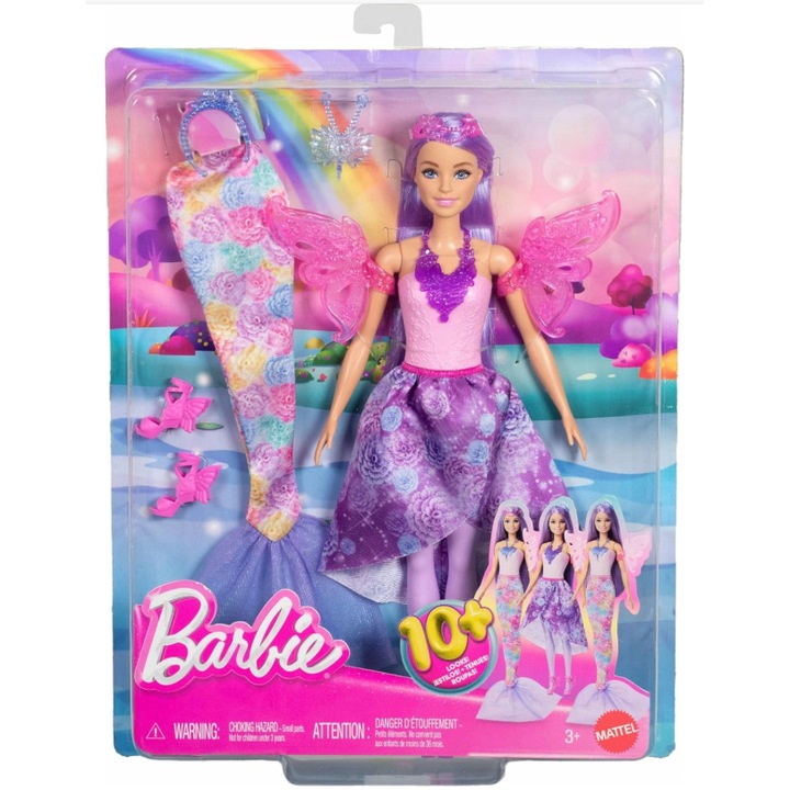 Barbie 3 az 1-ben baba, Mattel, hercegnő, sellő, többszínű, 4 év