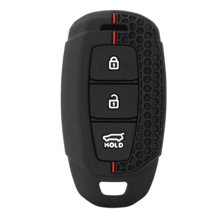 Husă pentru cheie Hyundai, 3 butoane, neagră cu dunga decorativă roșie, silicon moale