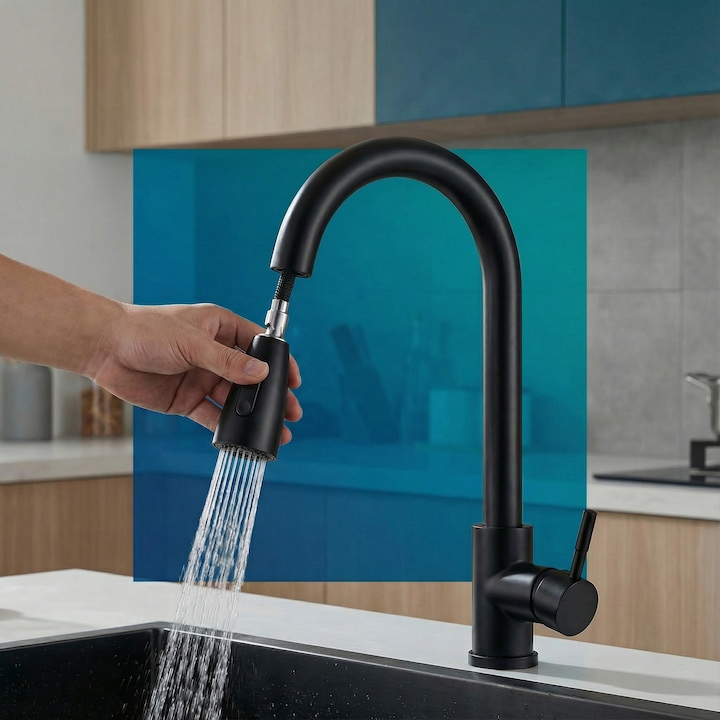 Baterie Chiuveta Bucatarie TrioStore® Din Alama Cu Dus Extractabil Monocomanda, Baterie Bucatarie Cu Pipa Pivotanta Rotatie 360°, Doua Moduri De Curgere, Montaj Pe Chiuveta, Design Modern, Negru
