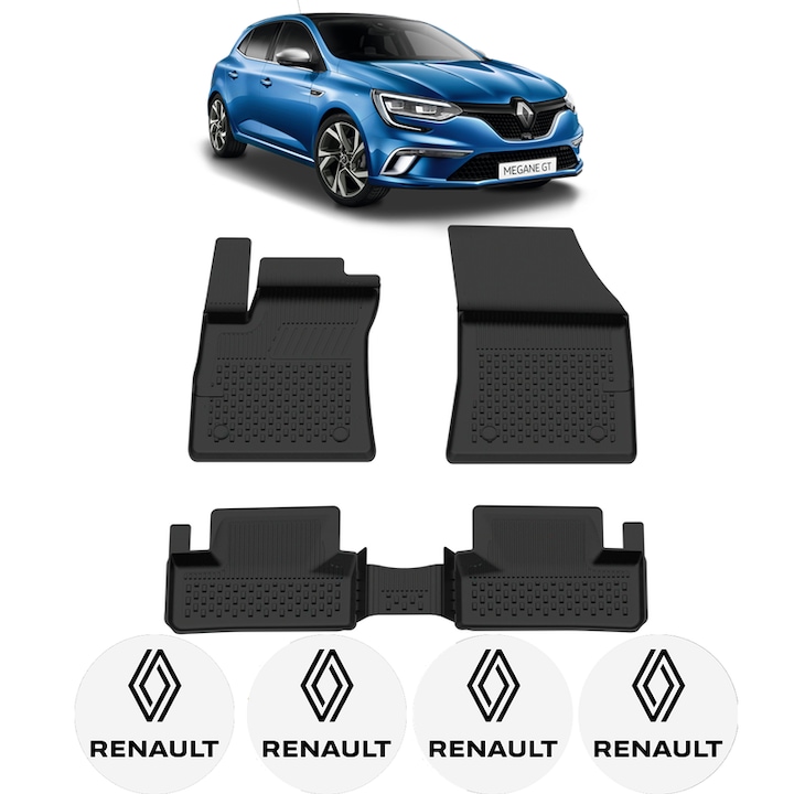 Set covorase presuri Renault Megane IV Hatchback din 2016, auto, CRI-FLO, din cauciuc thermoplastic, 4 Stickere auto cu Renault