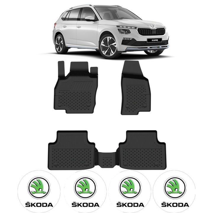 Set covorase presuri Skoda Kamiq din 2019, auto, CRI-FLO, din cauciuc thermoplastic, 4 Stickere auto cu Skoda