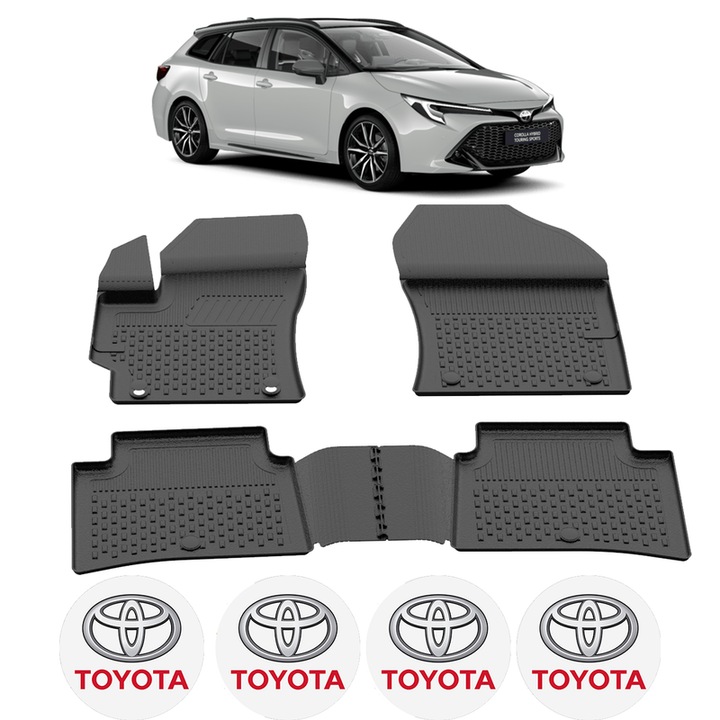 Set covorase presuri Toyota Corolla Combi din 2018, auto, CRI-FLO, din cauciuc thermoplastic, 4 Stickere auto cu Toyota
