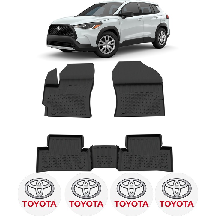 Set covorase presuri Toyota Corolla Cross din 2022, auto, CRI-FLO, din cauciuc thermoplastic, 4 Stickere auto cu Toyota