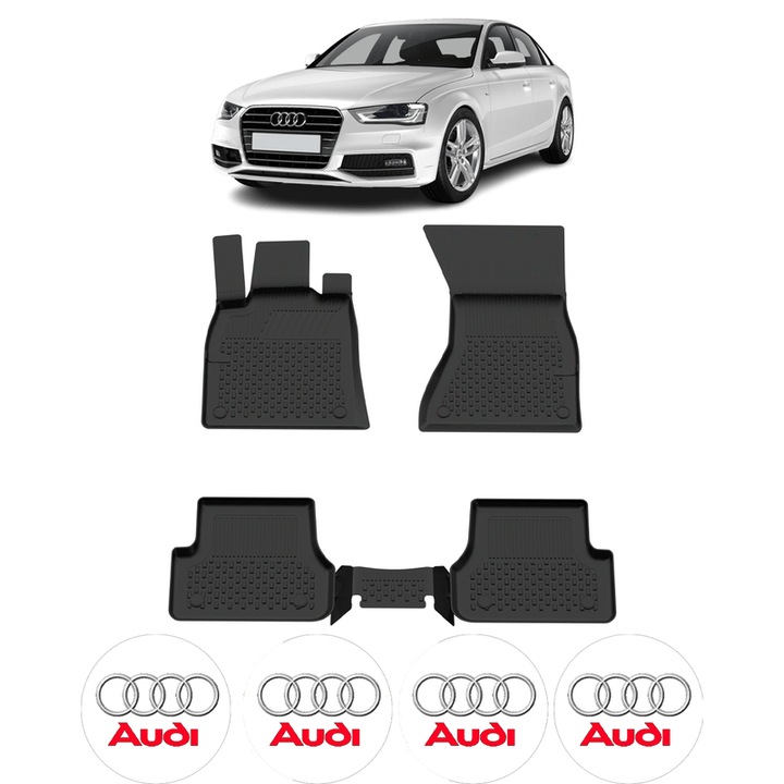 Set covorase presuri Audi A4 B8 din 2008 - 2015, auto, CRI-FLO, din cauciuc thermoplastic, 4 Stickere auto cu Audi