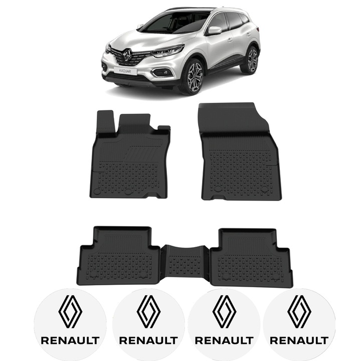 Set covorase presuri Renault Kadjar din 2015 - 2022, auto, CRI-FLO, din cauciuc thermoplastic, 4 Stickere auto cu Renault